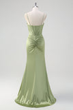 Green Mermaid Spaghetti Straps Corset Long Beaded Prom Dress With Slit