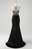 Sparkly Black Mermaid Halter Neck Beaded Long Prom Dress With Slit