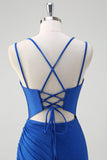 Royal Blue Mermaid Spaghetti Straps Corset Long Prom Dress With Slit