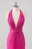 Fuchsia Mermaid Halter Open Back Beaded Long Prom Dress with Slit