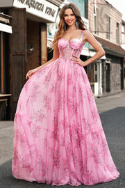 Blush Floral A Line Spaghetti Straps Pleated Corset Prom Dress