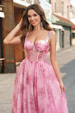 Blush Floral A Line Spaghetti Straps Pleated Corset Prom Dress