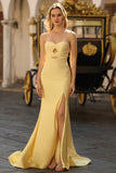 Yellow Mermaid Strapless Beaded Cut-Out Long Prom Dress With Slit