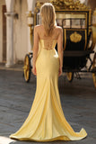 Yellow Mermaid Strapless Beaded Cut-Out Long Prom Dress With Slit