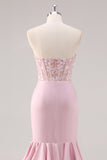 Blush Mermaid Strapless Corset Tiered Long Prom Dress with Slit