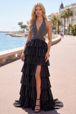 Black Tiered Ruffle A Line Halter Beaded Open Back Long Prom Dress with Slit