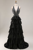 Black Tiered Ruffle A Line Halter Beaded Open Back Long Prom Dress with Slit