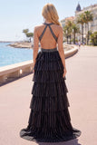 Black Tiered Ruffle A Line Halter Beaded Open Back Long Prom Dress with Slit