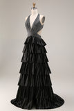 Black Tiered Ruffle A Line Halter Beaded Open Back Long Prom Dress with Slit