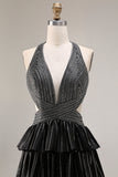 Black Tiered Ruffle A Line Halter Beaded Open Back Long Prom Dress with Slit