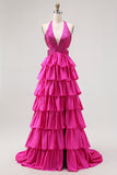 Fuchsia A Line Halter Open Back Tiered Beaded Long Prom Dress