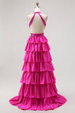 Fuchsia A Line Halter Open Back Tiered Beaded Long Prom Dress