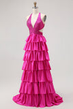 Fuchsia A Line Halter Open Back Tiered Beaded Long Prom Dress