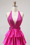 Fuchsia A Line Halter Open Back Tiered Beaded Long Prom Dress