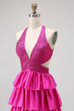 Fuchsia A Line Halter Open Back Tiered Beaded Long Prom Dress