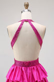 Fuchsia A Line Halter Open Back Tiered Beaded Long Prom Dress