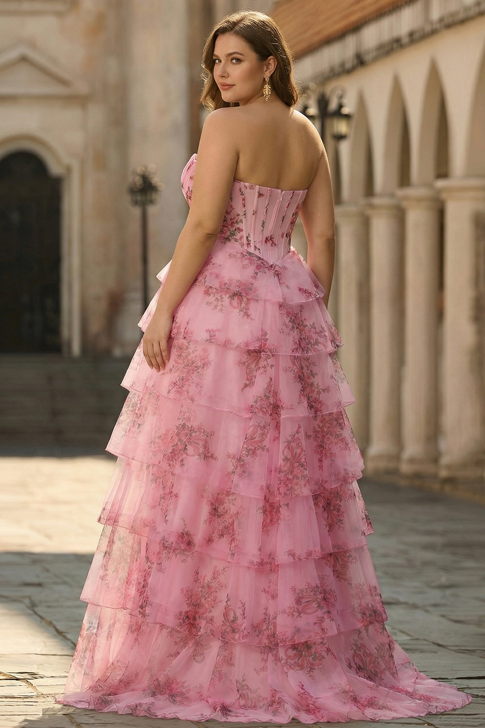 ZAPAKA Women Blue White Flower Long Plus Size Prom Dress with Slit Basque Waist A-Line Sweetheart Tiered Party Dress, Blush / US16W ZAPAKA Women Blue White Flower Long Plus Size Prom Dress with Slit Basque Waist A-Line Sweetheart Tiered Party Dress, Blush / US16W