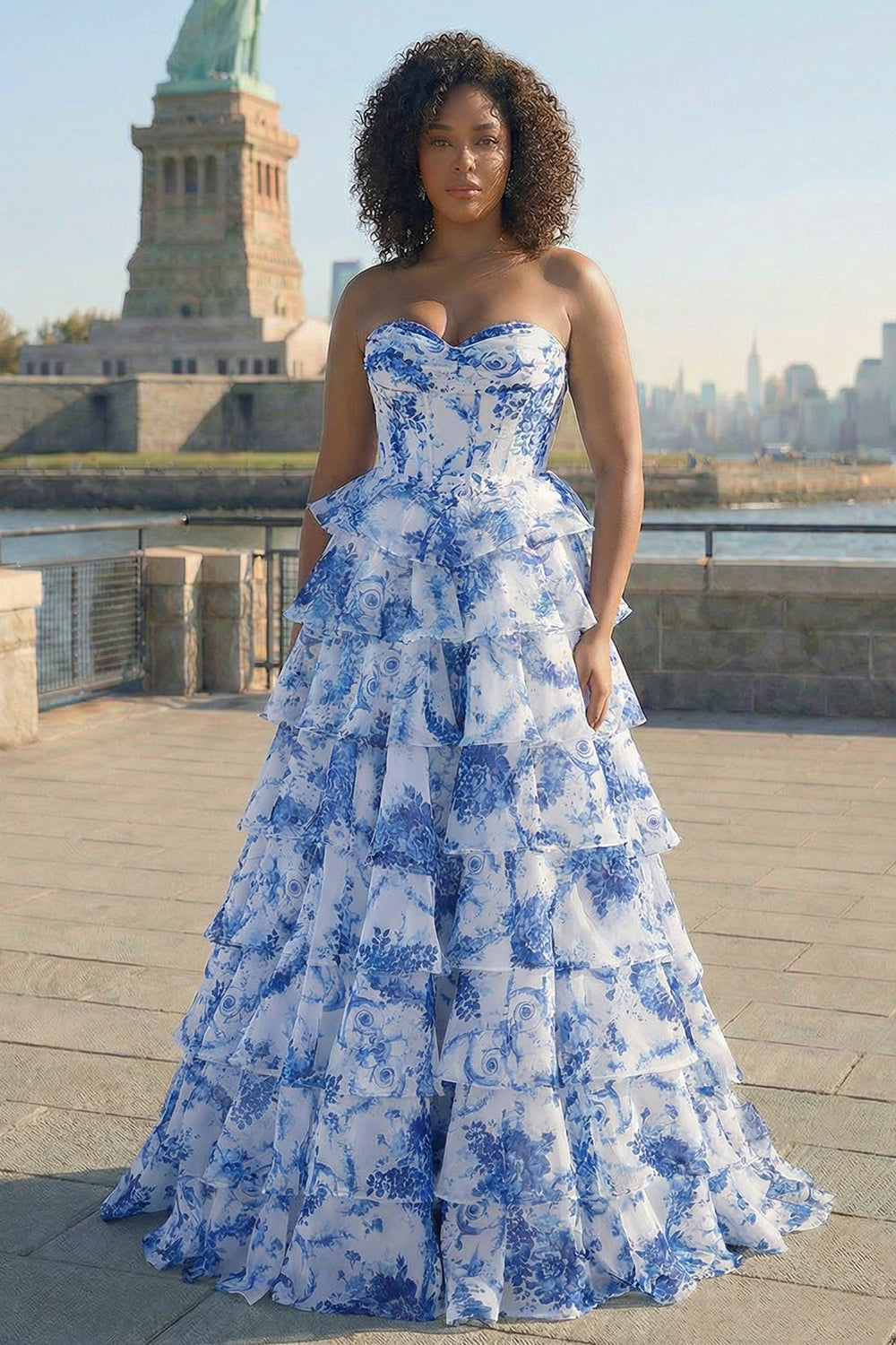 ZAPAKA Women Blue White Flower Long Plus Size Prom Dress with Slit Basque Waist A-Line Sweetheart Tiered Party Dress, Blue / US18W ZAPAKA Women Blue White Flower Long Plus Size Prom Dress with Slit Basque Waist A-Line Sweetheart Tiered Party Dress, Blue / US18W