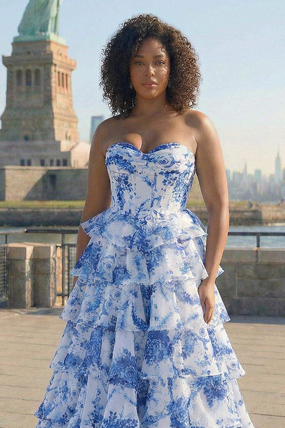 ZAPAKA Women Blue White Flower Long Plus Size Prom Dress with Slit Basque Waist A-Line Sweetheart Tiered Party Dress, Blue / US18W ZAPAKA Women Blue White Flower Long Plus Size Prom Dress with Slit Basque Waist A-Line Sweetheart Tiered Party Dress, Blue / US18W