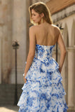 White Blue Flower A-Line Basque Waist Strapless Tiered Long Prom Dress with Slit