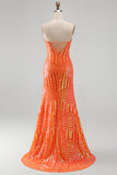 Sparkly Orange Mermaid Sequins Strapless Long Prom Dress with Slit