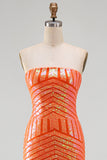 Sparkly Orange Mermaid Sequins Strapless Long Prom Dress with Slit