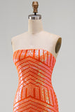 Sparkly Orange Mermaid Sequins Strapless Long Prom Dress with Slit
