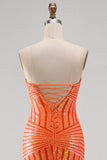 Sparkly Orange Mermaid Sequins Strapless Long Prom Dress with Slit