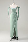 Agave Sheath Bow Tie Straps Corset Long Bridesmaid Dress with Slit