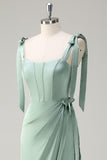 Agave Sheath Bow Tie Straps Corset Long Bridesmaid Dress with Slit