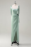 Agave Sheath Bow Tie Straps Corset Long Bridesmaid Dress with Slit