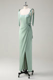 Agave Sheath Bow Tie Straps Corset Long Bridesmaid Dress with Slit