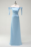 Sky Blue A Line Off The Shoulder Long Bridesmaid Dress