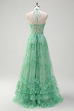 Green A-Line Halter Floral Corset Ruffles Long Prom Dress with Slit