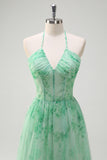 Green A-Line Halter Floral Corset Ruffles Long Prom Dress with Slit