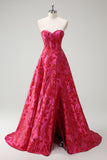 Fuchsia Floral Jacquard Sweetheart Princess Long Corset Prom Dress with Slit