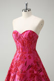 Fuchsia Floral Jacquard Sweetheart Princess Long Corset Prom Dress with Slit