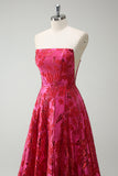 Fuchsia Floral Strapless A-Line Long Prom Dress