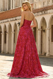 Strapless Fuchsia Floral A-Line Brocade Long Prom Dress
