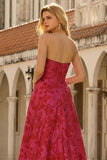 Strapless Fuchsia Floral A-Line Brocade Long Prom Dress