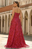 Fuchsia Floral Strapless A-Line Long Plus Size Prom Dress
