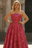 Fuchsia Floral Strapless A-Line Long Plus Size Prom Dress