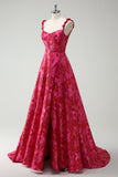 Fuchsia A-Line Spaghetti Straps Floral Jacquard Long Prom Dress with Slit