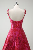 Fuchsia A-Line Spaghetti Straps Floral Jacquard Long Prom Dress with Slit