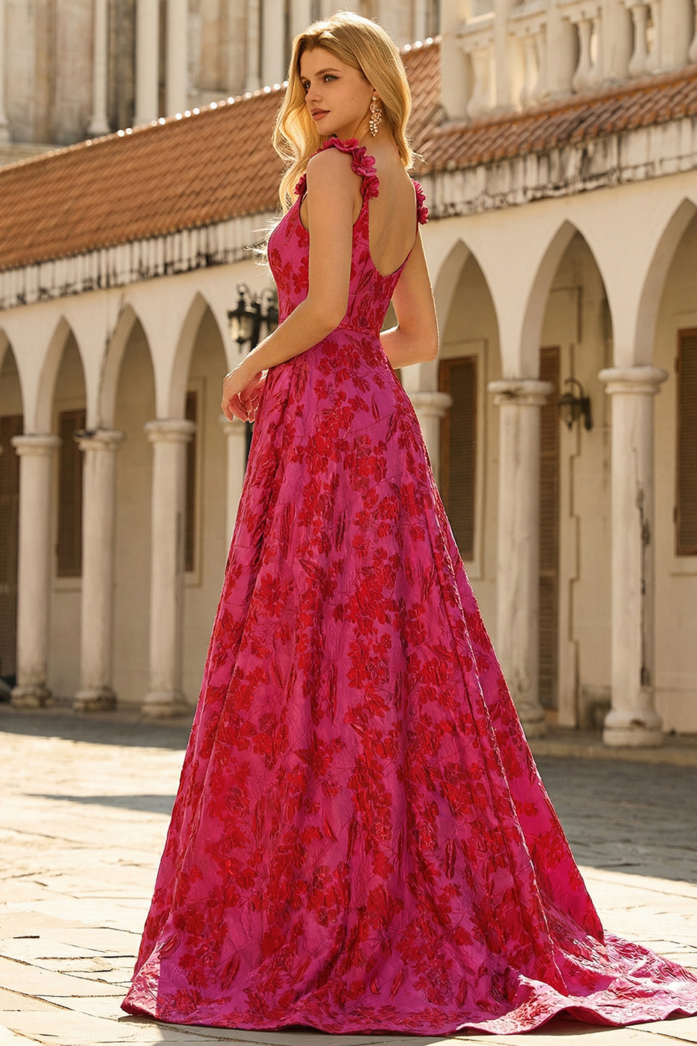 Zapaka Women Fuchsia A-Line Formal Dress Floral Jacquard Brocade Spaghetti Straps Long Prom Dress, Fuchsia / US14
