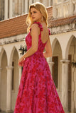 Fuchsia A-Line Floral Spaghetti Straps Jacquard Brocade Long Prom Dress