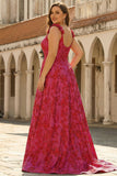 Fuchsia Floral Jacquard A-Line Spaghetti Straps Long Plus Size Prom Dress with Slit
