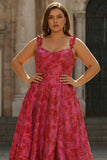 Fuchsia Floral Jacquard A-Line Spaghetti Straps Long Plus Size Prom Dress with Slit
