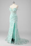 Green Sheath Sweetheart Sequin Corset Appliqued Long Prom Dress with Slit