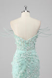 Green Sheath Sweetheart Sequin Corset Appliqued Long Prom Dress with Slit